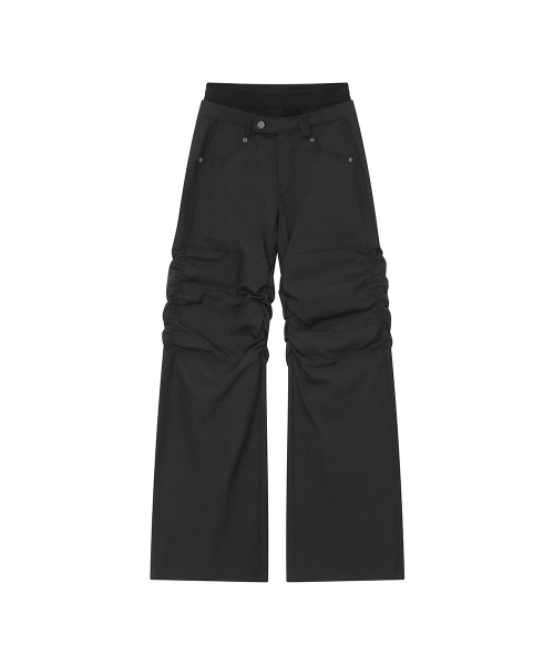 Ribbed layered shirring pants BLACK
