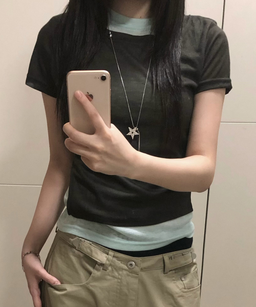 레이어드 컬러 배색 스냅 포인트 트임 언발란스 반팔 티셔츠 _3COLOR