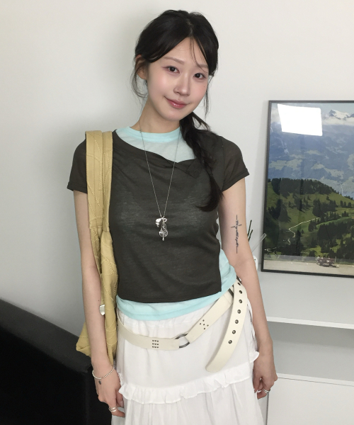 레이어드 컬러 배색 스냅 포인트 트임 언발란스 반팔 티셔츠 _3COLOR