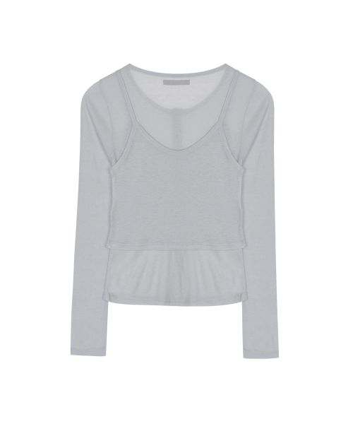 HENLEY NECK LAYERED SLEEVE TOP_GRAY