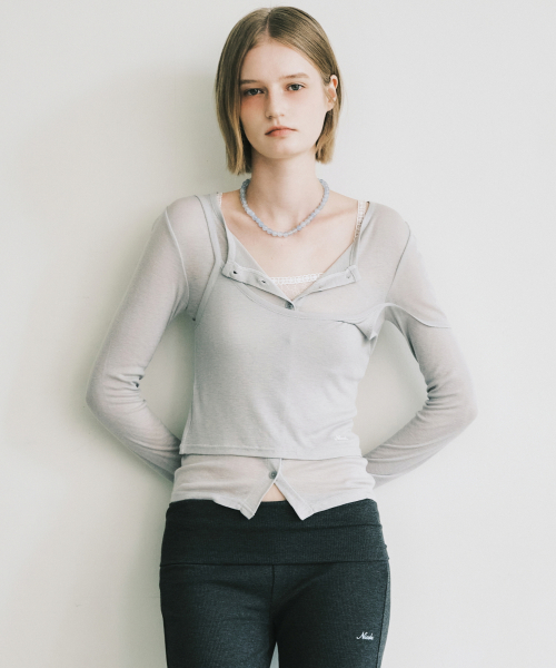 HENLEY NECK LAYERED SLEEVE TOP_GRAY
