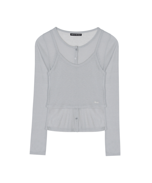 HENLEY NECK LAYERED SLEEVE TOP_GRAY