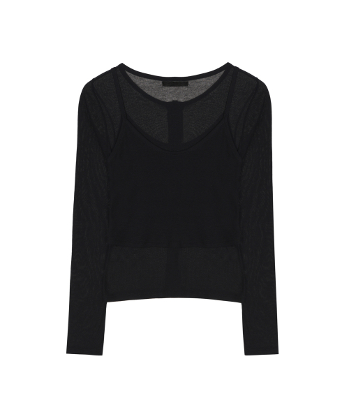 HENLEY NECK LAYERED SLEEVE TOP_BLACK