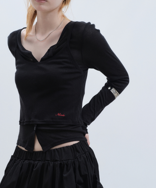 HENLEY NECK LAYERED SLEEVE TOP_BLACK