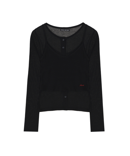 HENLEY NECK LAYERED SLEEVE TOP_BLACK