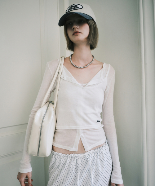 HENLEY NECK LAYERED SLEEVE TOP_IVORY