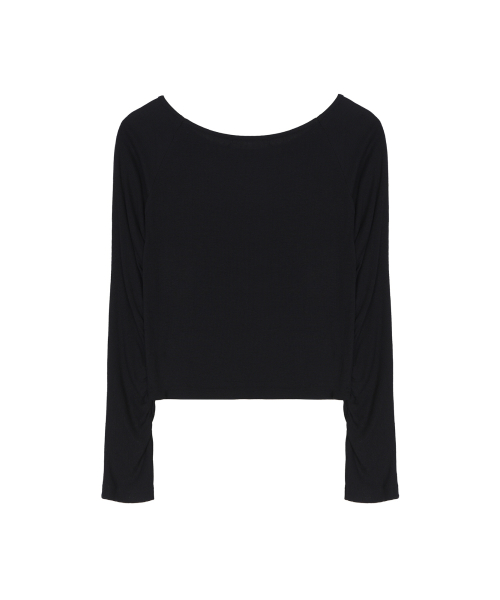 SLEEVE SHIRRING BOAT NECK TOP_BLACK