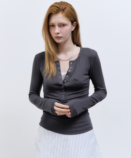 BUTTON HENLEY NECK TOP_CHARCOAL