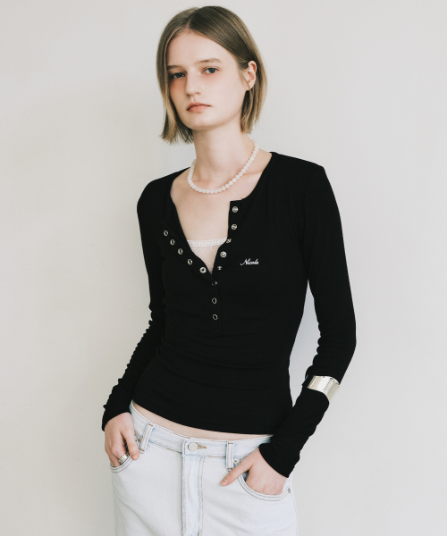 BUTTON HENLEY NECK TOP_BLACK