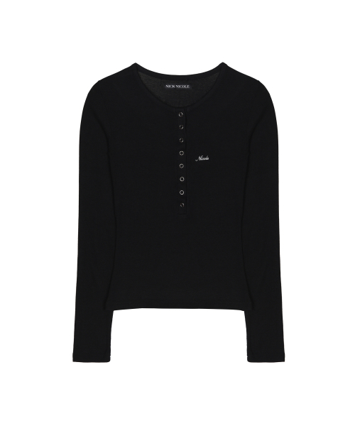 BUTTON HENLEY NECK TOP_BLACK
