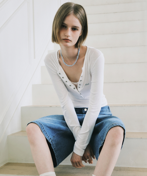 BUTTON HENLEY NECK TOP_IVORY
