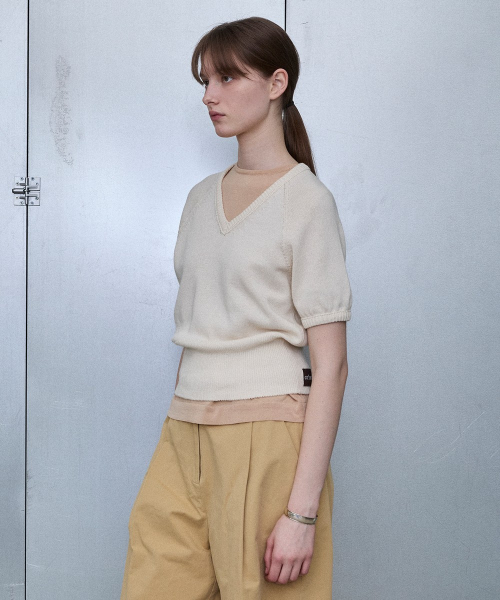 Italian Yarn Puff Sleeve V-Neck Knit [IVORY]