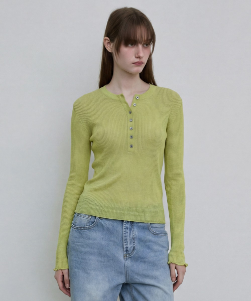 Sheer Ribbed Henley Top [GREEN]