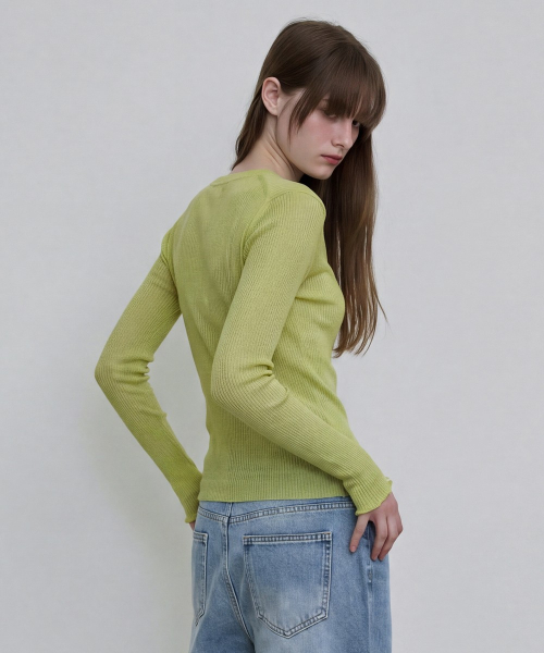 Sheer Ribbed Henley Top [GREEN]
