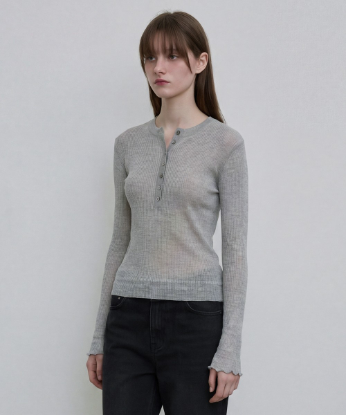 Sheer Ribbed Henley Top [GREY]
