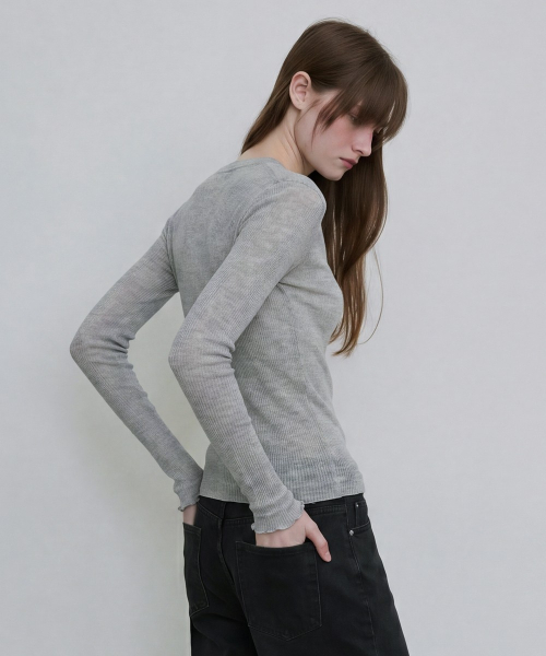 Sheer Ribbed Henley Top [GREY]