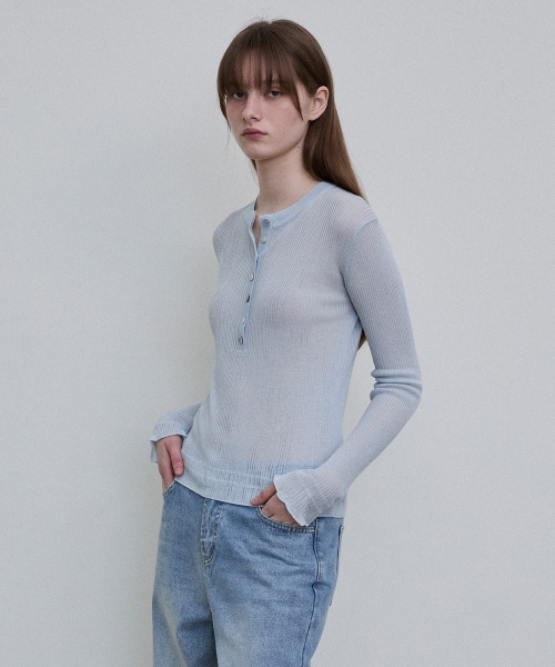 Sheer Ribbed Henley Top [BLUE]