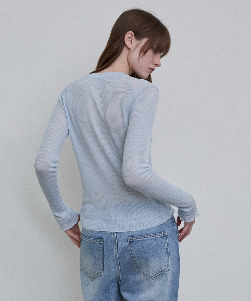 Sheer Ribbed Henley Top [BLUE]