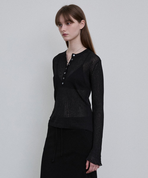 Sheer Ribbed Henley Top [BLACK]