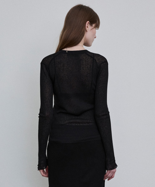Sheer Ribbed Henley Top [BLACK]