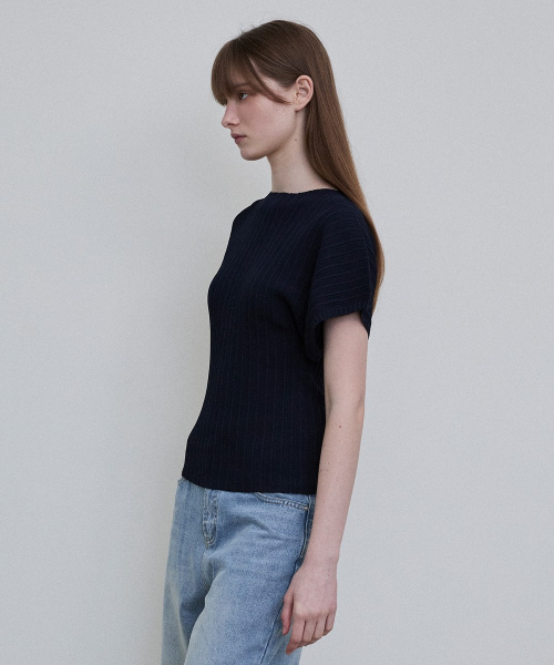 Asymmetric Sleeve Pleated Knit Pullover [NAVY]