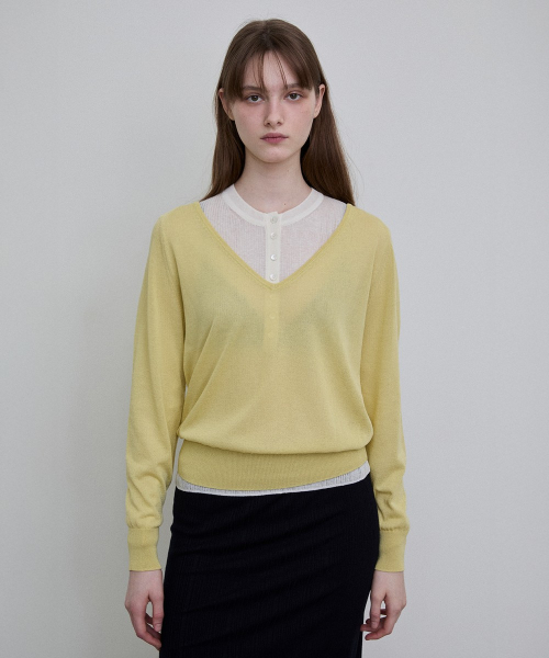 Sheer V-Neck Pullover [YELLOW]