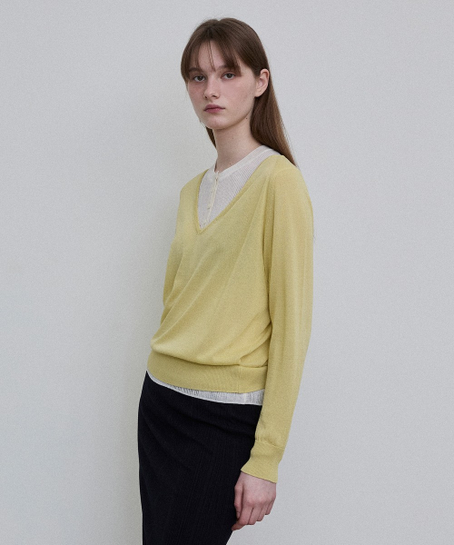 Sheer V-Neck Pullover [YELLOW]