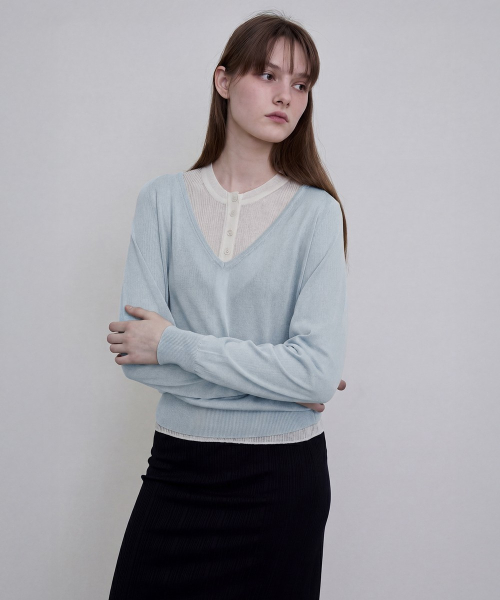 Sheer V-Neck Pullover [SKY BLUE]
