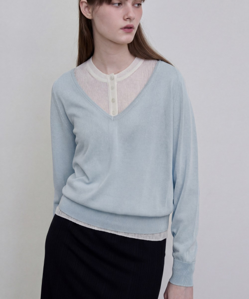 Sheer V-Neck Pullover [SKY BLUE]