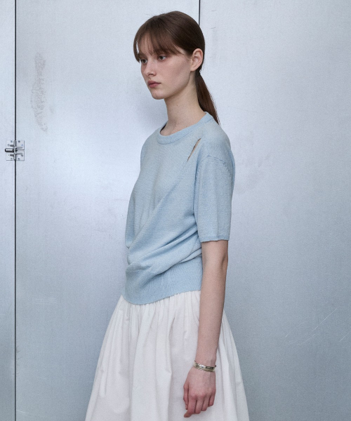 Slit Shoulder Wrap Pullover [BLUE]