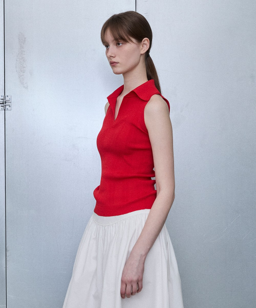 Collared Ribbed Sleeveless Top [RED]