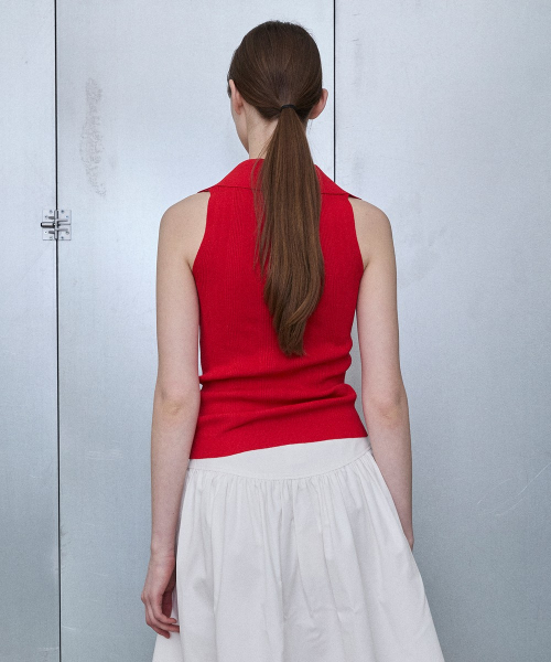 Collared Ribbed Sleeveless Top [RED]