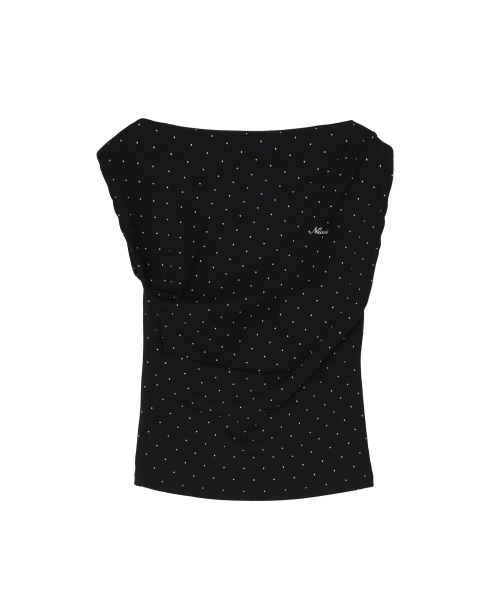 DOT SHIRRING DRAPE SLEEVELESS TOP_BLACK