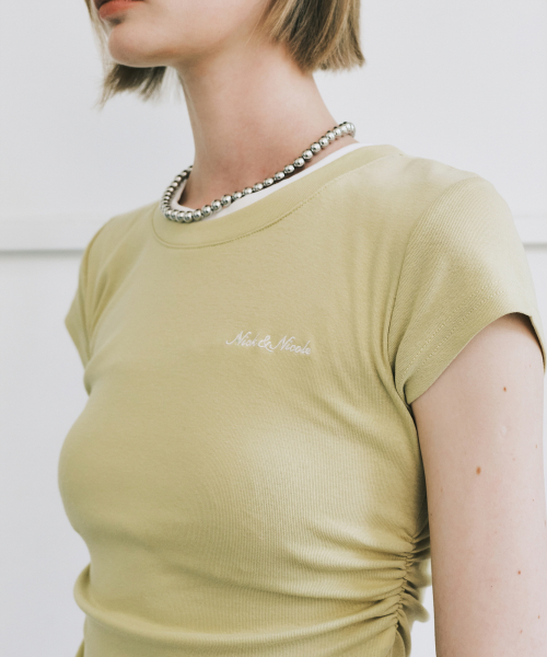 LAYERED SHIRRING SLIM TOP_OLIVE
