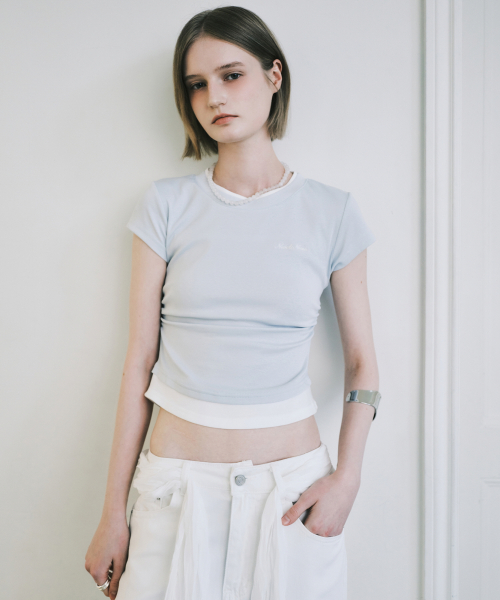 LAYERED SHIRRING SLIM TOP_SKY BLUE