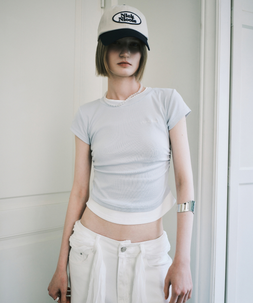 LAYERED SHIRRING SLIM TOP_SKY BLUE