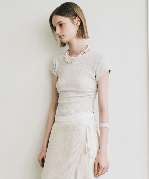 LAYERED SHIRRING SLIM TOP_MELANGE