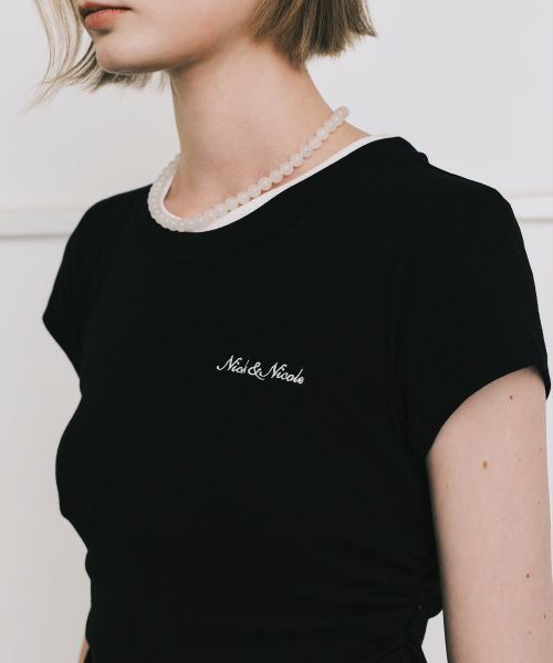 LAYERED SHIRRING SLIM TOP_BLACK
