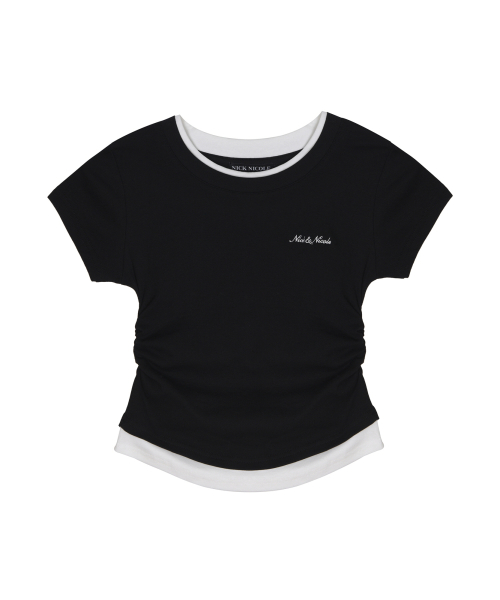 LAYERED SHIRRING SLIM TOP_BLACK