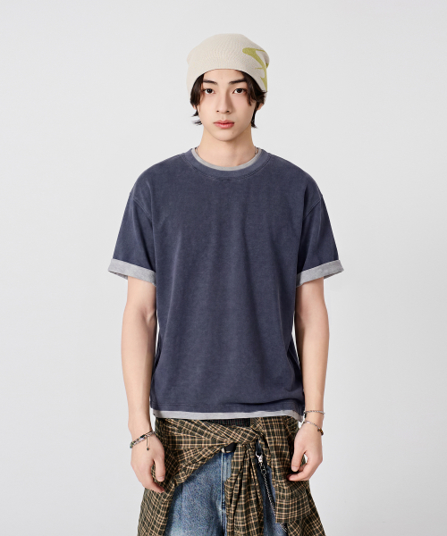 CONTRAST LAYERED ROLL-UP T-SHIRT_PIGMENT NAVY
