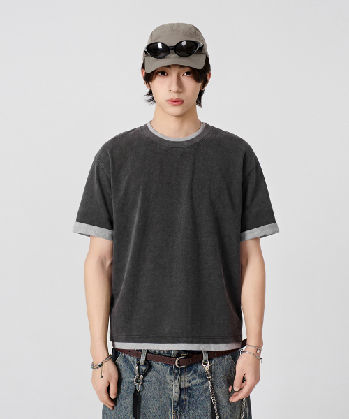 CONTRAST LAYERED ROLL-UP T-SHIRT_PIGMENT CHARCOAL