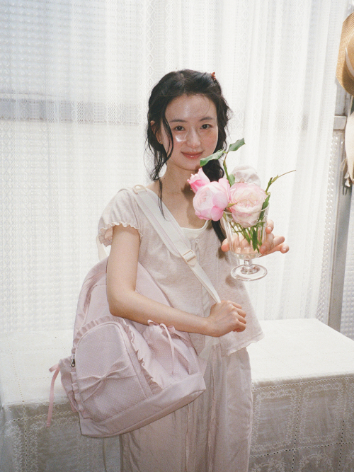 Ruffle ribbon backpack_polka dot mute pink