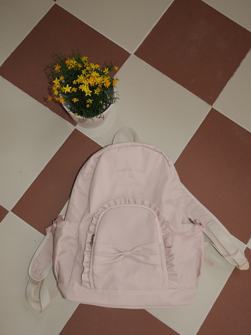 Ruffle ribbon backpack_polka dot mute pink
