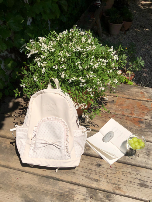 Ruffle ribbon backpack_polka dot ivory