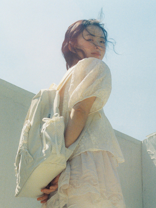 Ruffle ribbon backpack_polka dot ivory