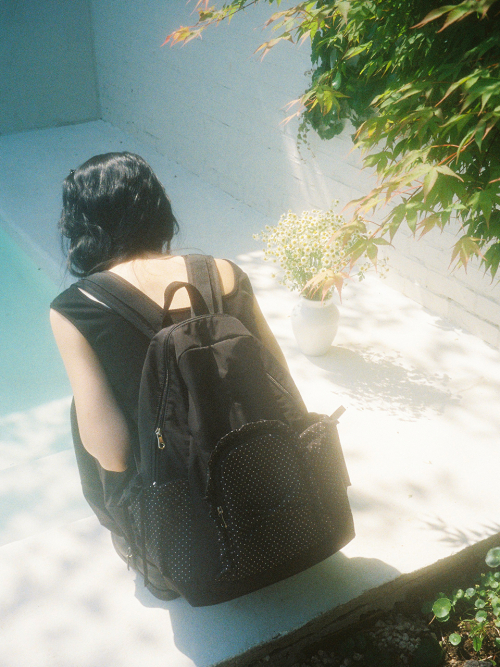 Ruffle ribbon backpack_polka dot black