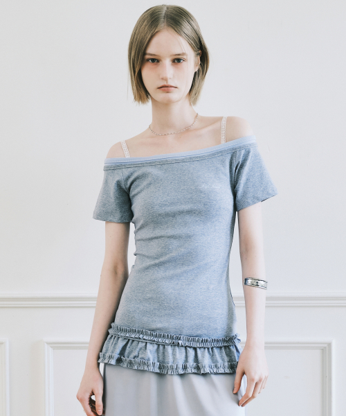 OFF-SHOULDER FRILL HALF TOP_GRAY