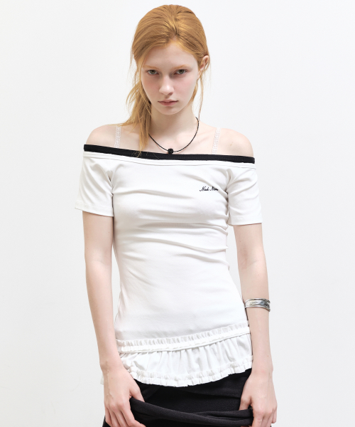 OFF-SHOULDER FRILL HALF TOP_WHITE