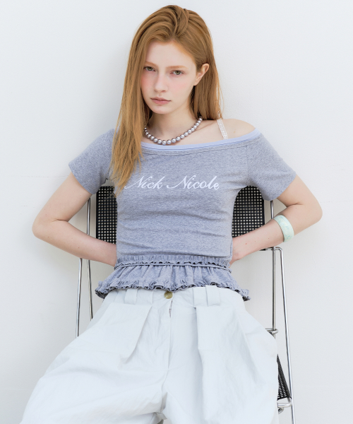 OFF-SHOULDER FRILL CROP TOP_GRAY