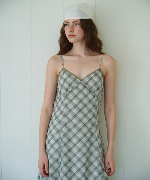 CHECK SHEER SLIM LONG ONE PIECE GREEN